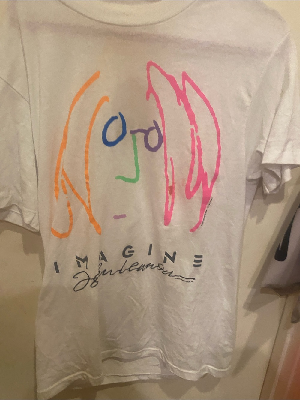 John Lennon Vintage White Short Sleeve Tee with Neon Abstract Face Graphic